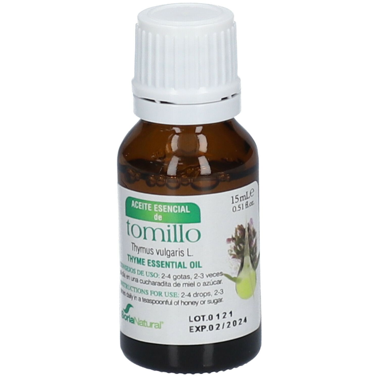 Flacon en verre brun avec bouchon blanc. Étiquette avec informations produit. Soria Natural Thymus Vulgaris L. Thymol Huile Essentielle.