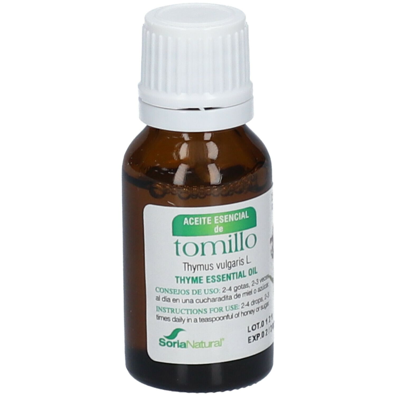 Flacon en verre brun avec bouchon blanc. Étiquette avec informations produit. Soria Natural Thymus Vulgaris L. Thymol Huile Essentielle.