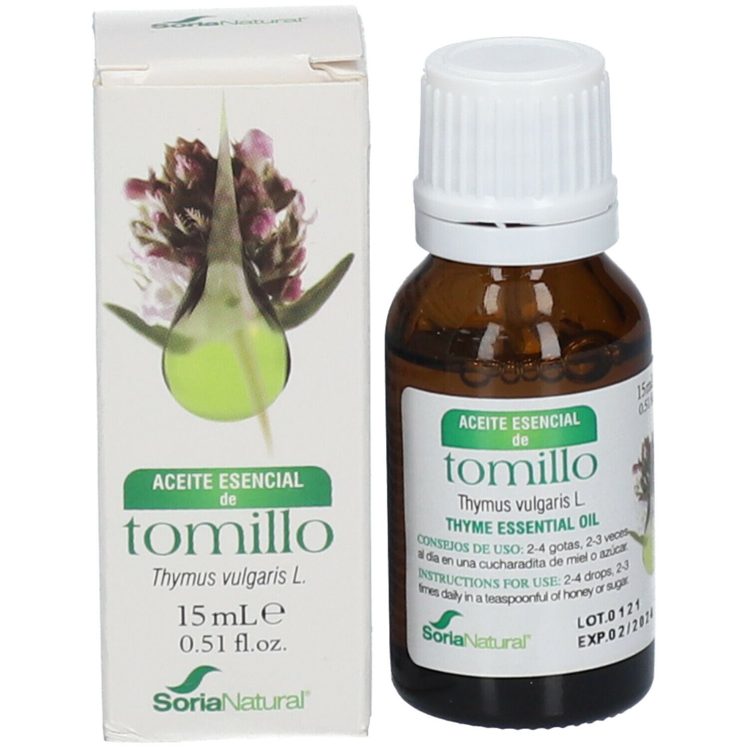 Flacon en verre brun avec bouchon blanc et boîte. Soria Natural Thymus Vulgaris L. Thymol Huile Essentielle. 15 ml.