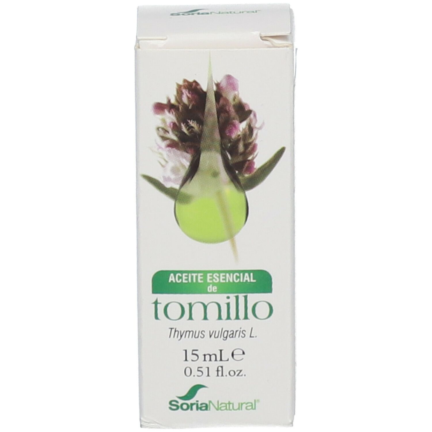 Boîte avec informations produit. Soria Natural Thymus Vulgaris L. Thymol Huile Essentielle. 15 ml.