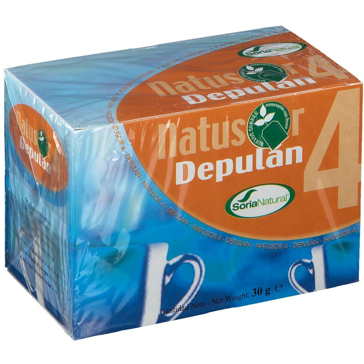 Boîte 'Natusor Depulan 4'. Design orange avec logo et texte. Emballé dans du plastique transparent.