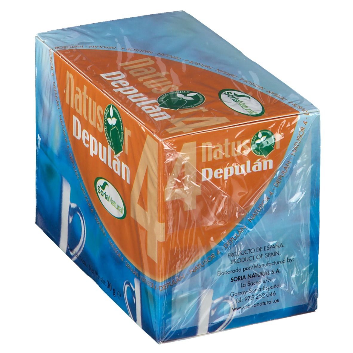 Boîte 'Natusor Depulan 4'. Design orange avec logo et texte. Emballé dans du plastique.
