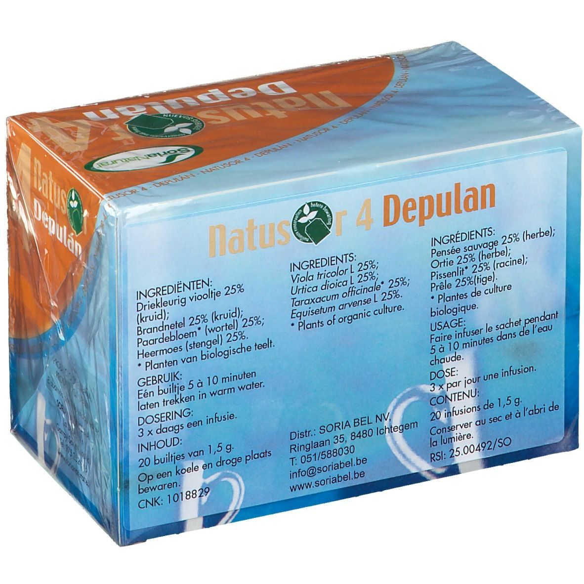 Boîte 'Natusor Depulan 4'. Texte multilingue. Ingrédients et mode d'emploi.