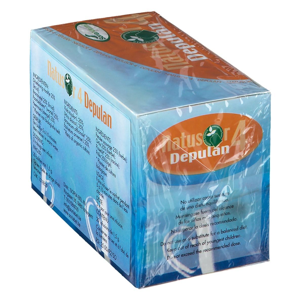 Boîte 'Natusor Depulan 4'. Texte multilingue. Ingrédients et mode d'emploi.