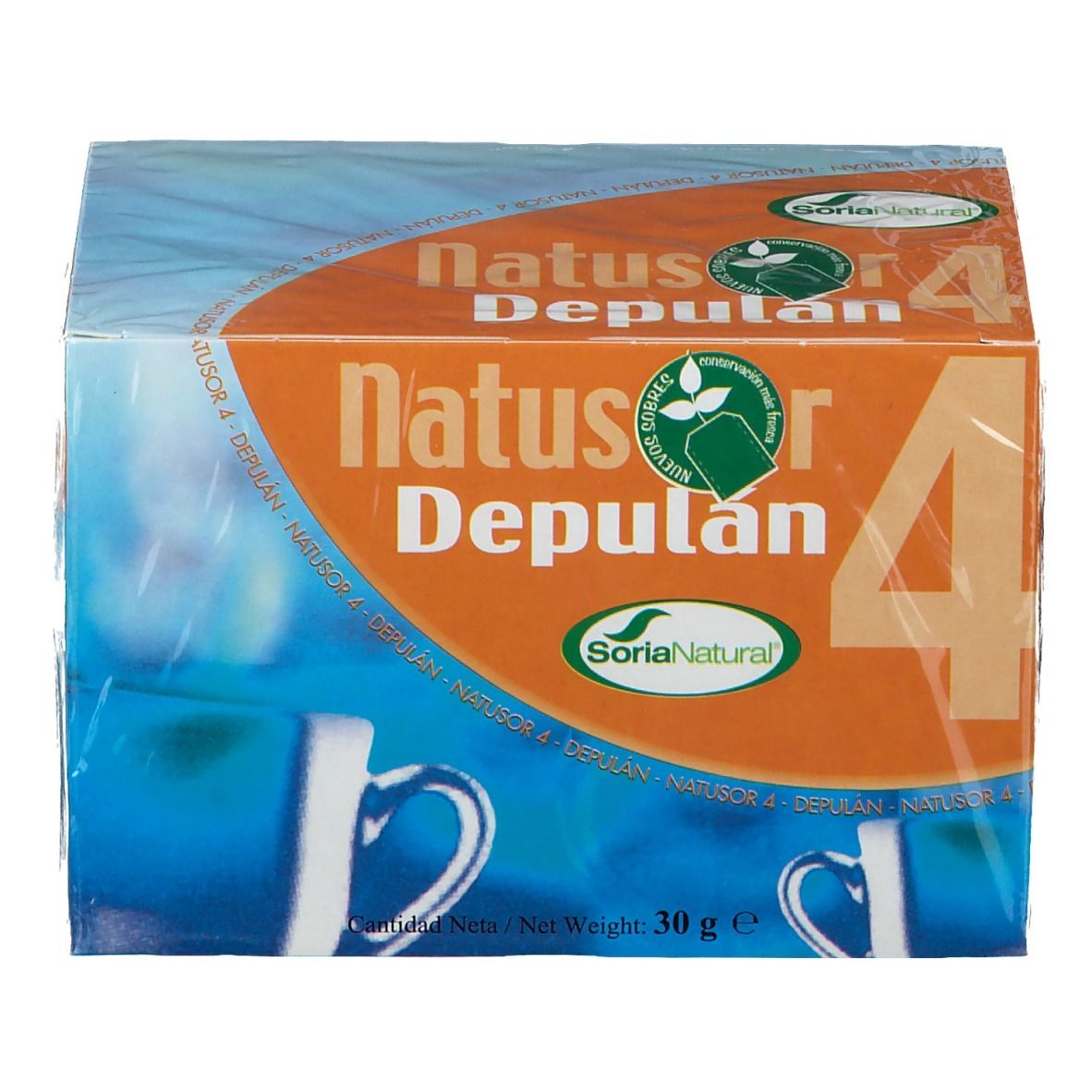 Boîte 'Natusor Depulan 4'. Design orange avec logo et texte. Emballé dans du plastique.
