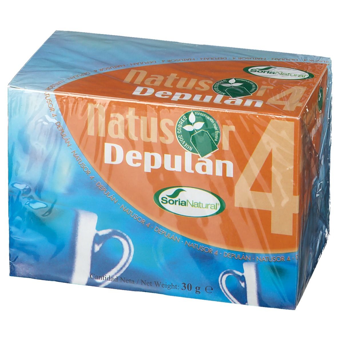 Boîte 'Natusor Depulan 4'. Design orange avec logo et texte. Emballé dans du plastique.