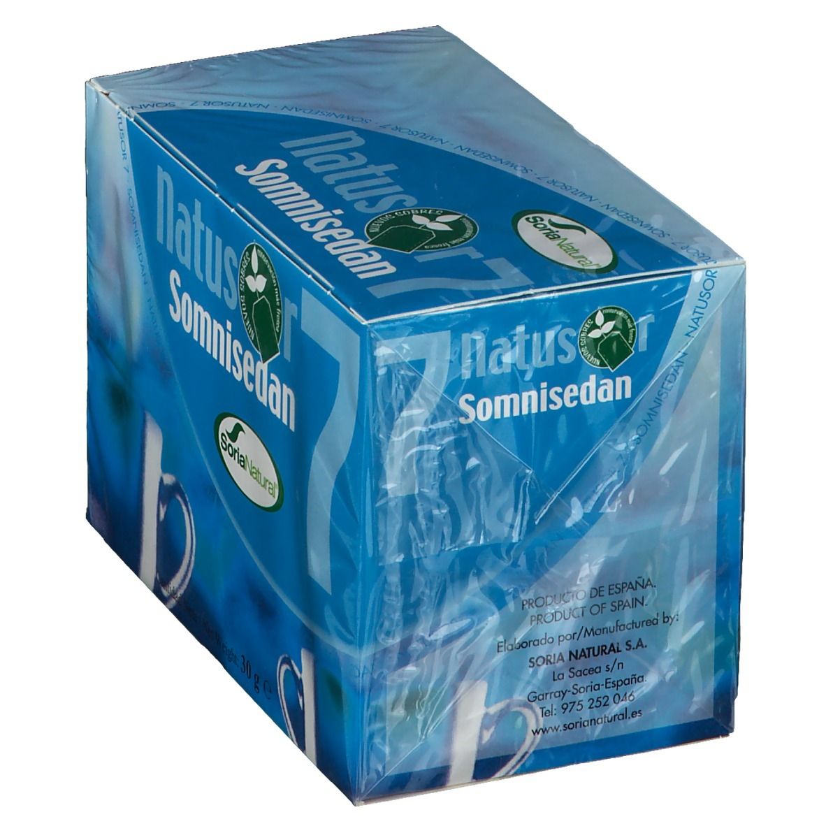 Boîte 'Natusor 7 Somnisedan' bleue, en biais, emballée. Logo et nom visibles. Emballage plastique.