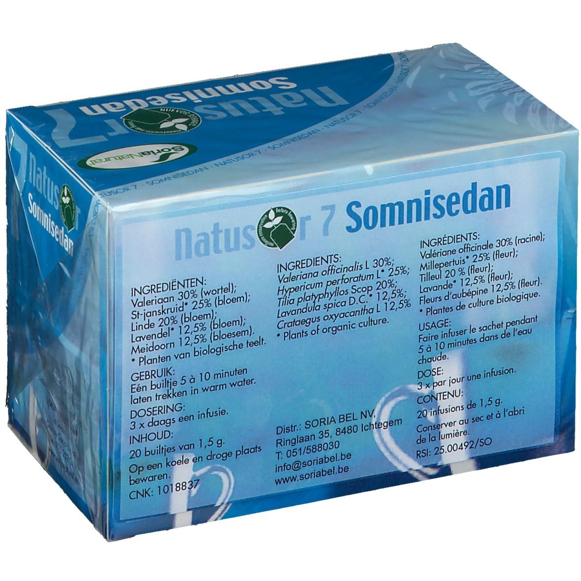 Boîte bleue 'Natusor 7 Somnisedan' avec liste d'ingrédients. Texte multilingue. Emballage plastique.