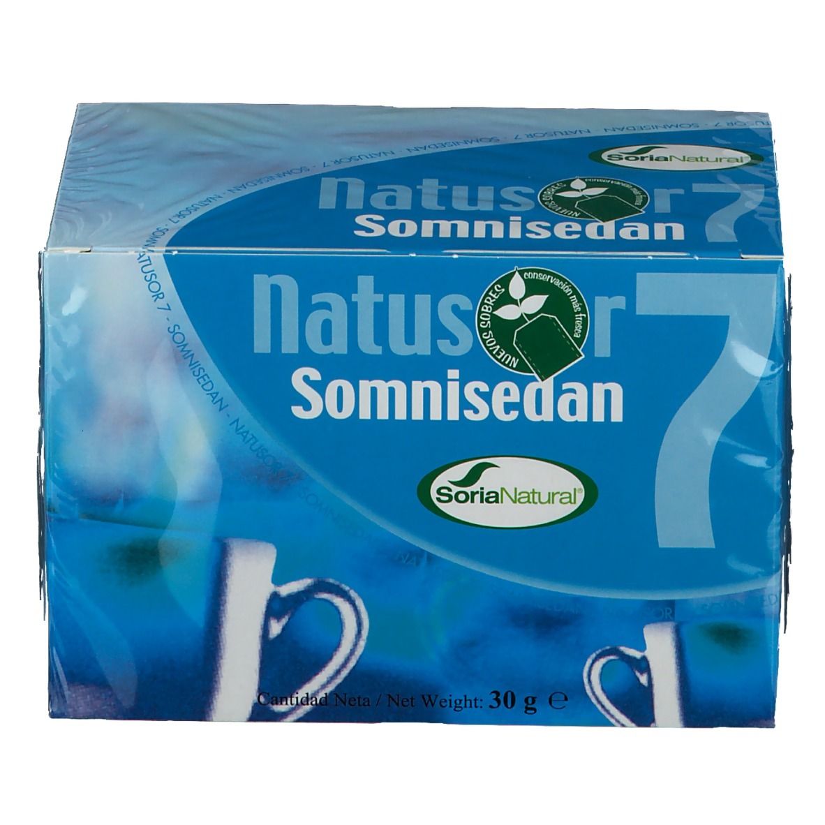 Boîte bleue 'Natusor 7 Somnisedan'. Logo, nom et poids net visibles. Emballage plastique.