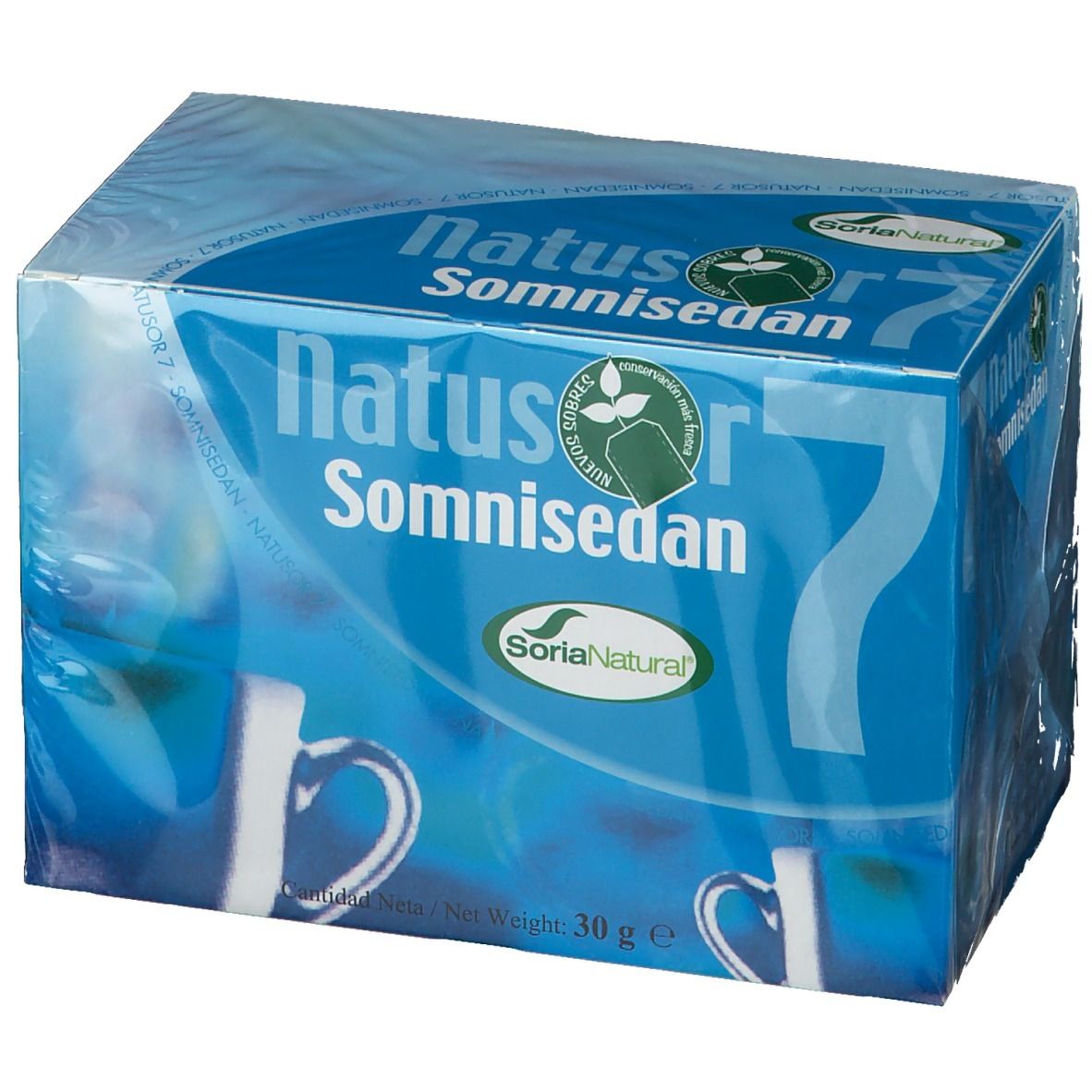 Boîte bleue 'Natusor 7 Somnisedan'. Logo, nom et poids net visibles. Emballage plastique.