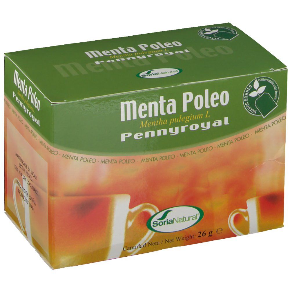 Boîte verte avec "Menta Poleo Pennyroyal". Logo Soria Natural. Inscription "26 g e".