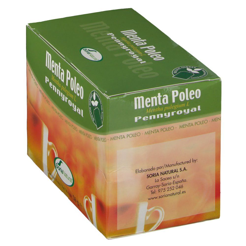 Boîte verte avec "Menta Poleo Pennyroyal". Logo Soria Natural. Informations fabricant.