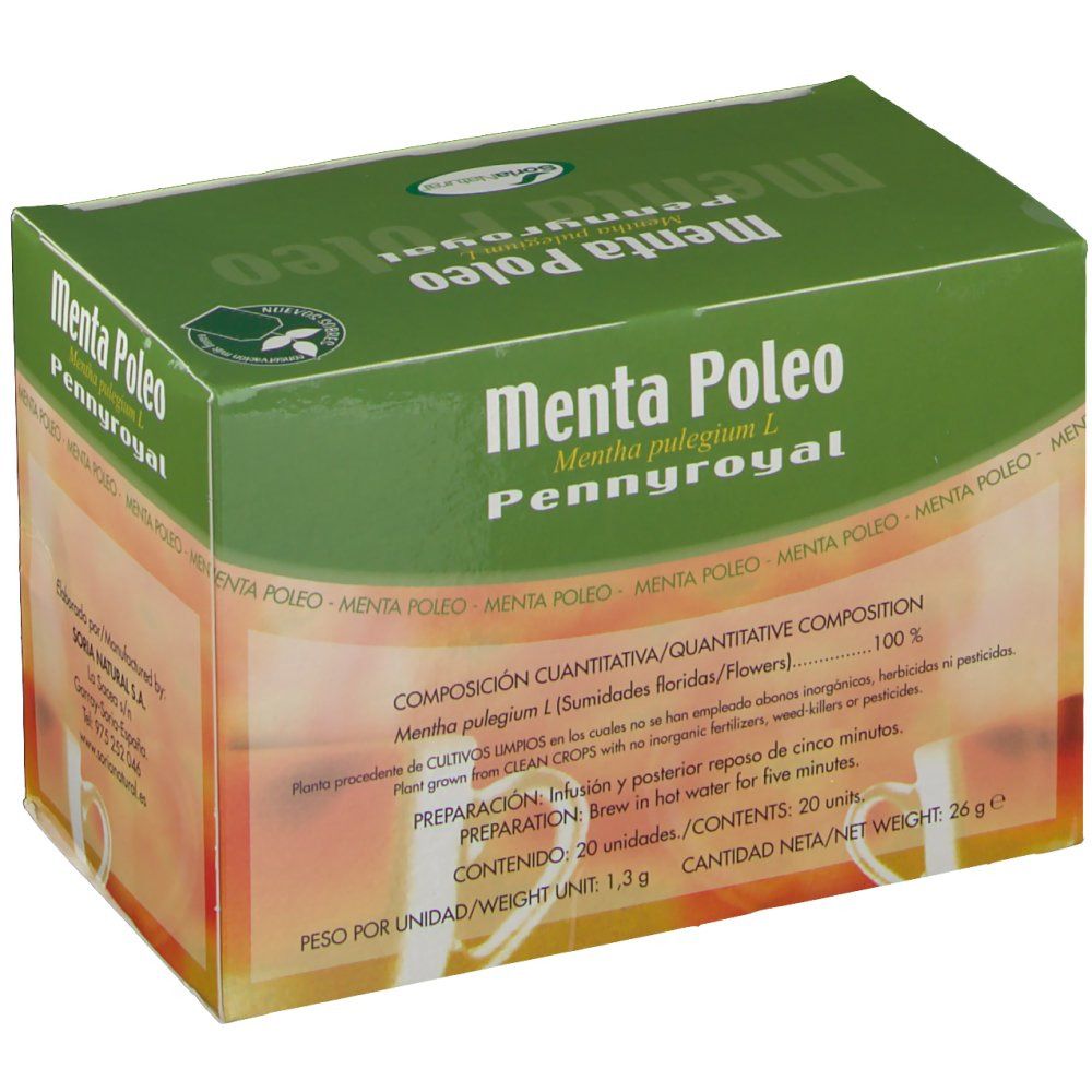 Boîte verte avec "Menta Poleo Pennyroyal". Logo Soria Natural. Informations produit et ingrédients.