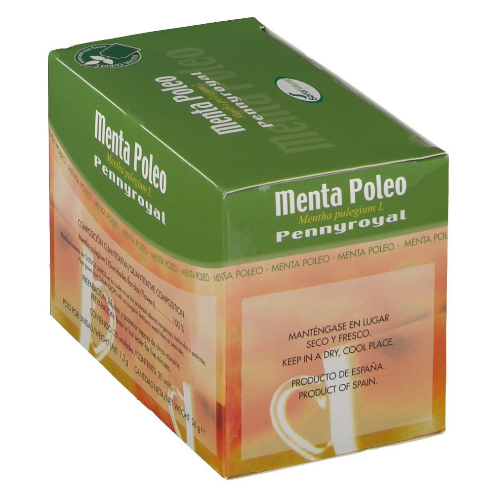 Boîte verte avec "Menta Poleo Pennyroyal". Logo Soria Natural. Informations produit et pays d'origine.