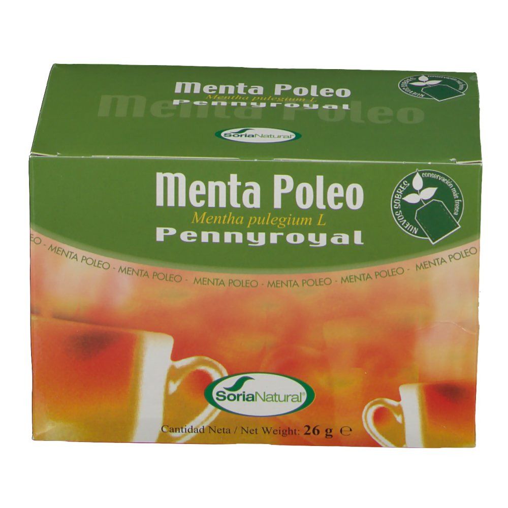 Boîte verte avec "Menta Poleo Pennyroyal". Logo Soria Natural. Inscription "26 g e".