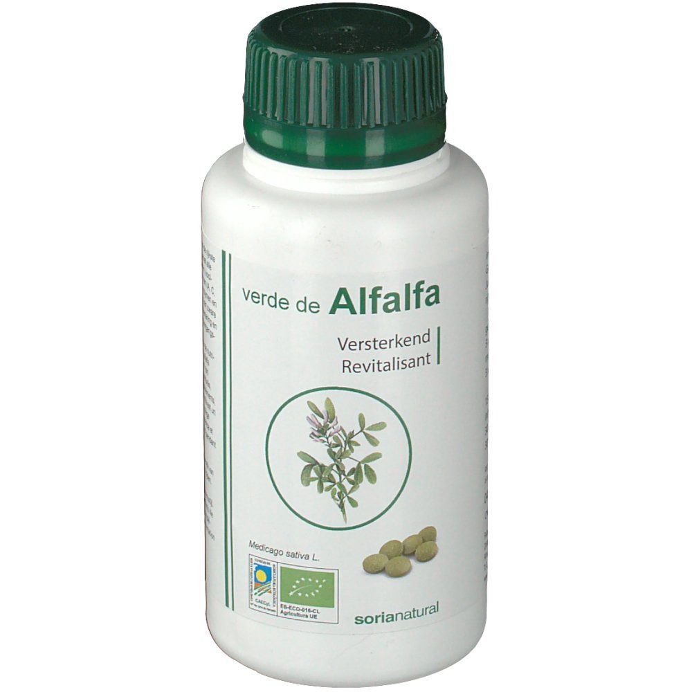 Bouteille blanche avec bouchon vert. Inscription: Verde de Alfalfa. Illustrations de plantes et label bio.