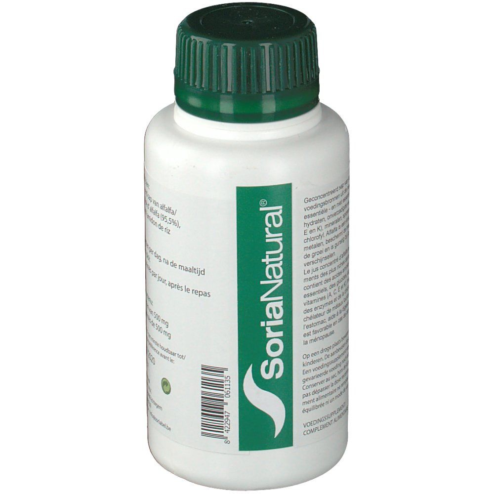 Bouteille blanche avec bouchon vert. Inscription SoriaNatural. Texte avec ingrédients et informations nutritionnelles.