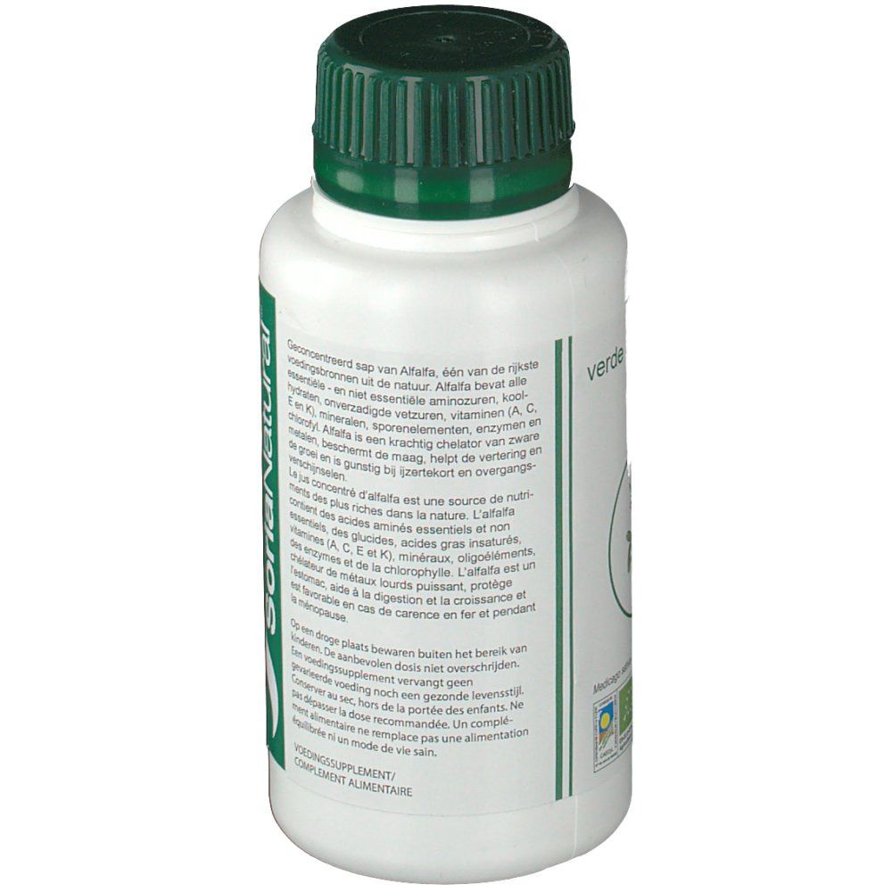 Bouteille blanche avec bouchon vert. Texte avec informations nutritionnelles et mode d'emploi. Avec label bio.