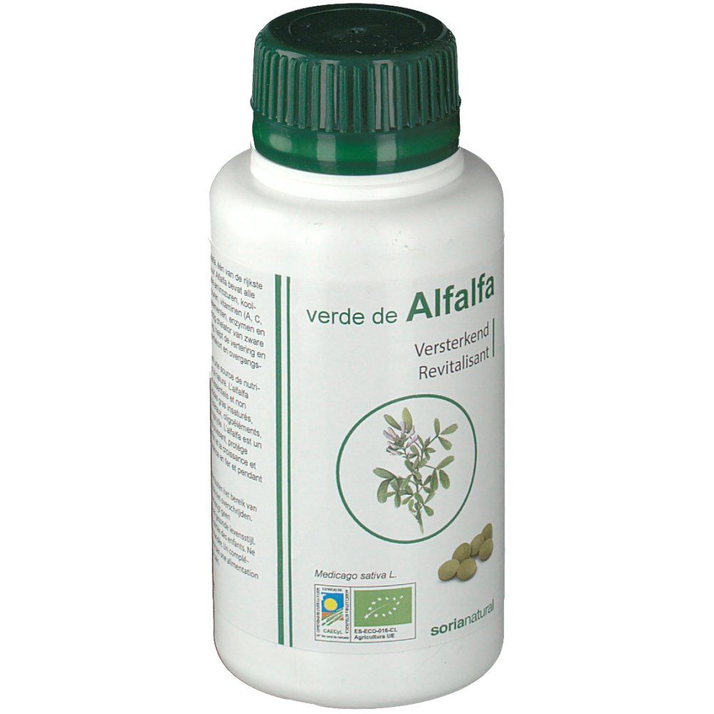 Bouteille blanche avec bouchon vert. Inscription: Verde de Alfalfa. Illustrations de plantes et label bio.