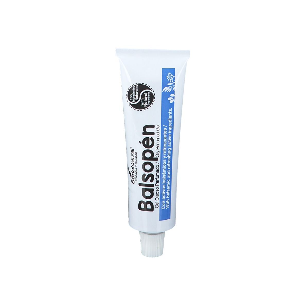 Witte tube met blauwe streep en productnaam Balsopen. Zegel met natuurlogo. Gelbeschrijving in het Engels en Spaans.