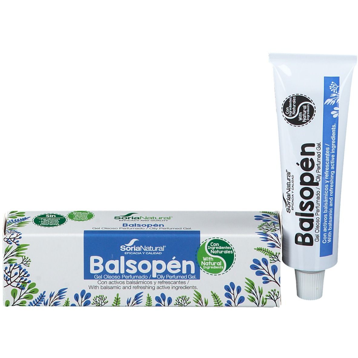 Productverpakking en tube. Witte doos met blauwe streep en productnaam Balsopen. Tube ernaast.