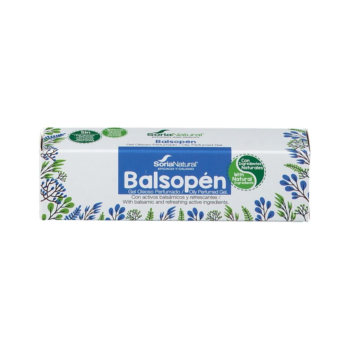 Witte doos met blauwe streep en productnaam Balsopen. Logo Soria Natural. Zegel met natuurlogo. Tekst in meerdere talen.