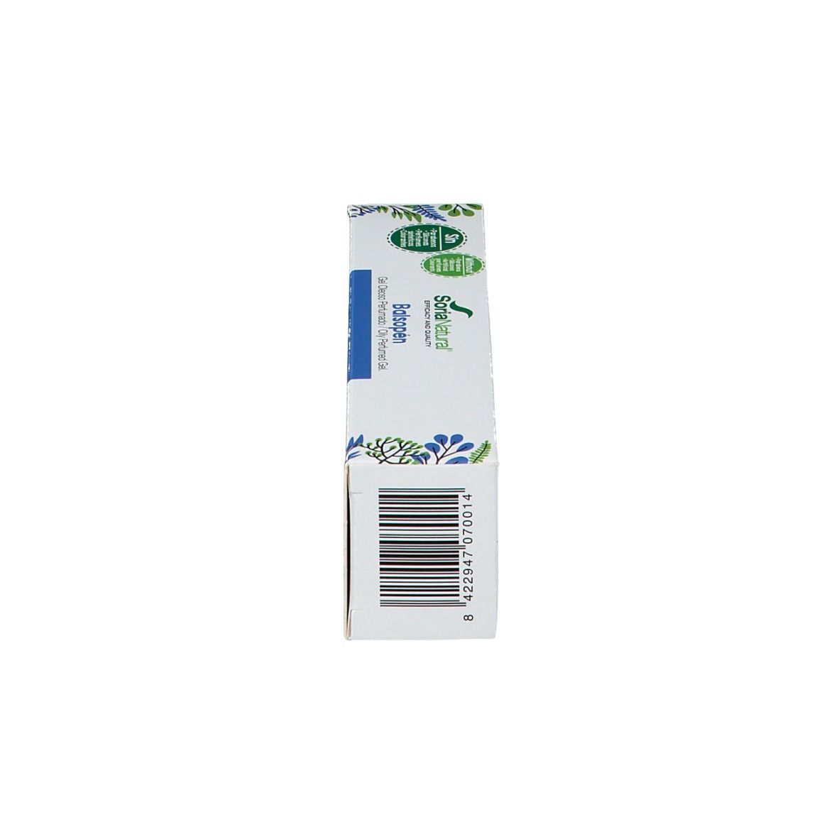 Zijaanzicht van de productverpakking. Witte doos met barcode en productinformatie. Logo Soria Natural.