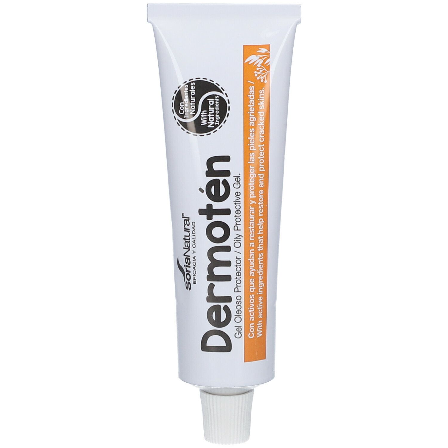 Tubo bianco con stampa verde e arancione. Nome del prodotto: Dermoten. Marchio: Soria Natural. Con ingredienti naturali.