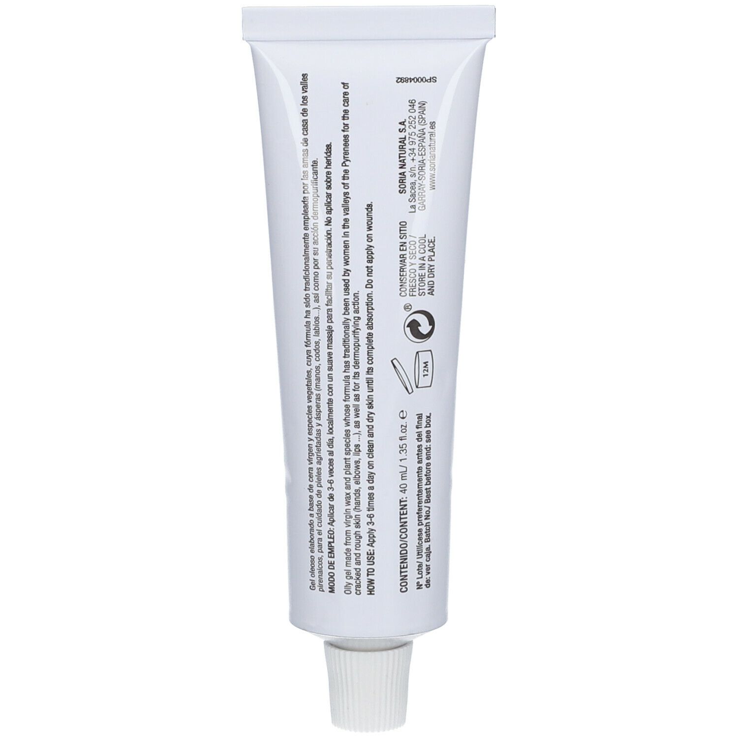 Retro del tubo bianco. Testo in più lingue. Informazioni del produttore. Contenuto: 40 ml. Conservare in luogo fresco e asciutto.