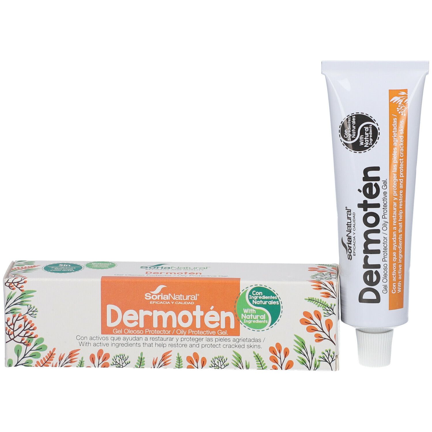 Confezione e tubo del prodotto. Confezione: scatola rettangolare con nome del prodotto Dermoten. Marchio: Soria Natural. Con ingredienti naturali.