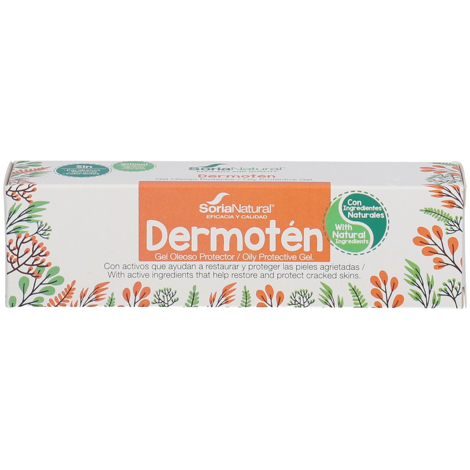 Confezione prodotto rettangolare. Nome del prodotto: Dermoten. Marchio: Soria Natural. Con ingredienti naturali. Design verde-arancione.