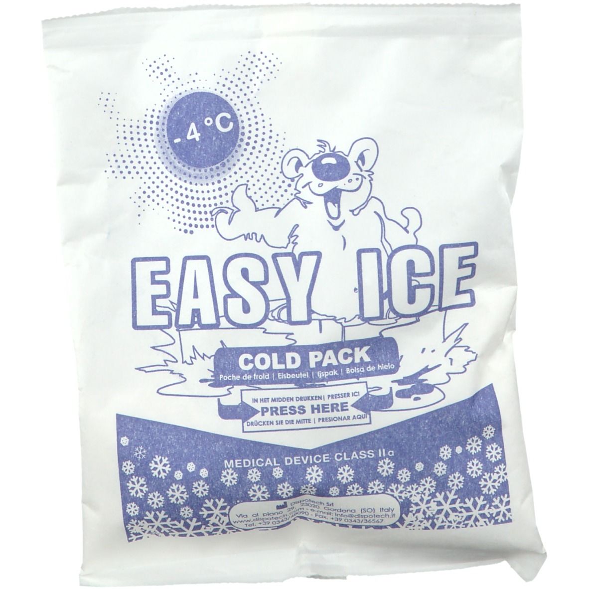 Pack de froid blanc avec impression bleue. Inscription: Easy Ice Cold Pack. Dispositif médical classe IIa. Illustration d'ours.