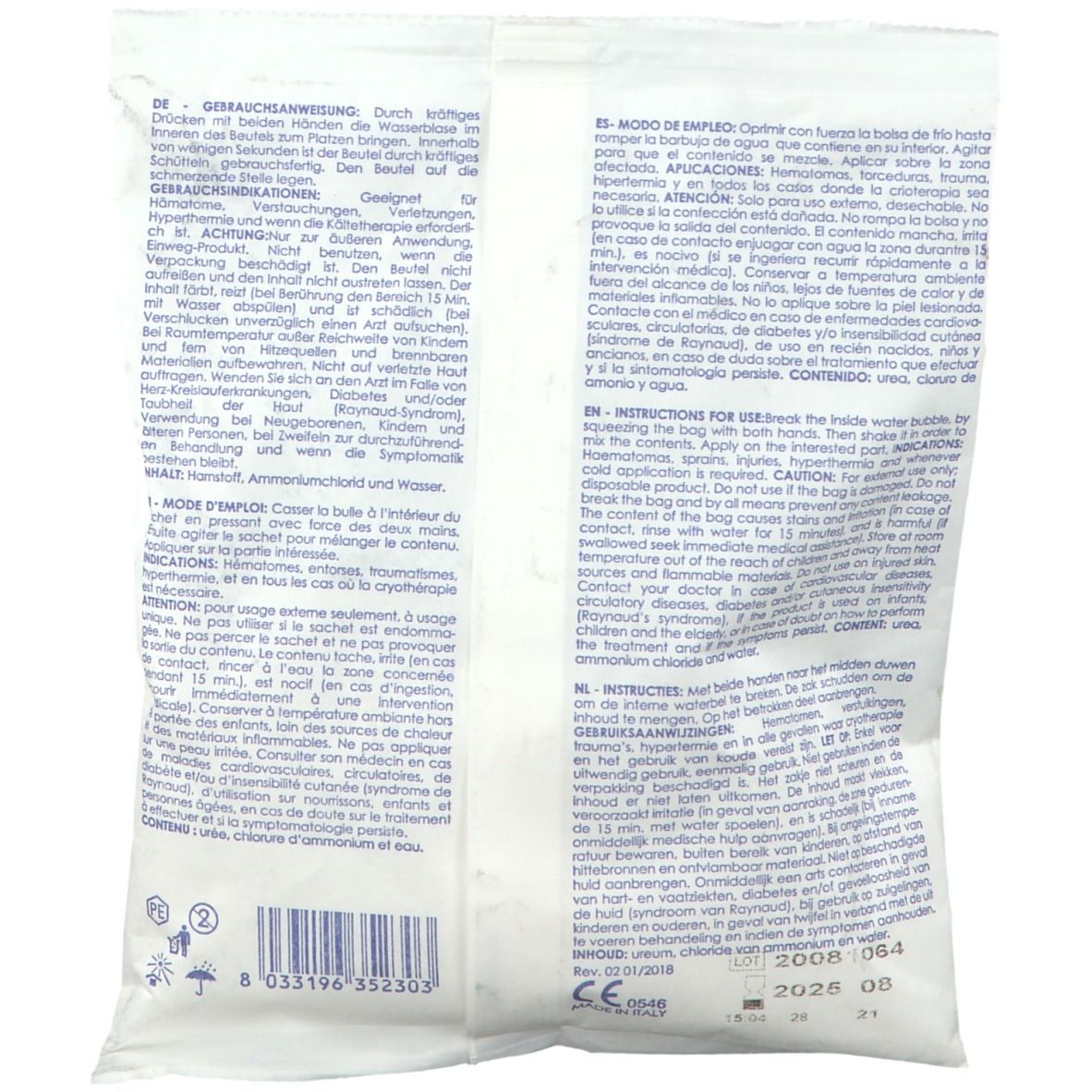 Dos du pack de froid. Texte multilingue avec instructions et avertissements. Marquage CE.
