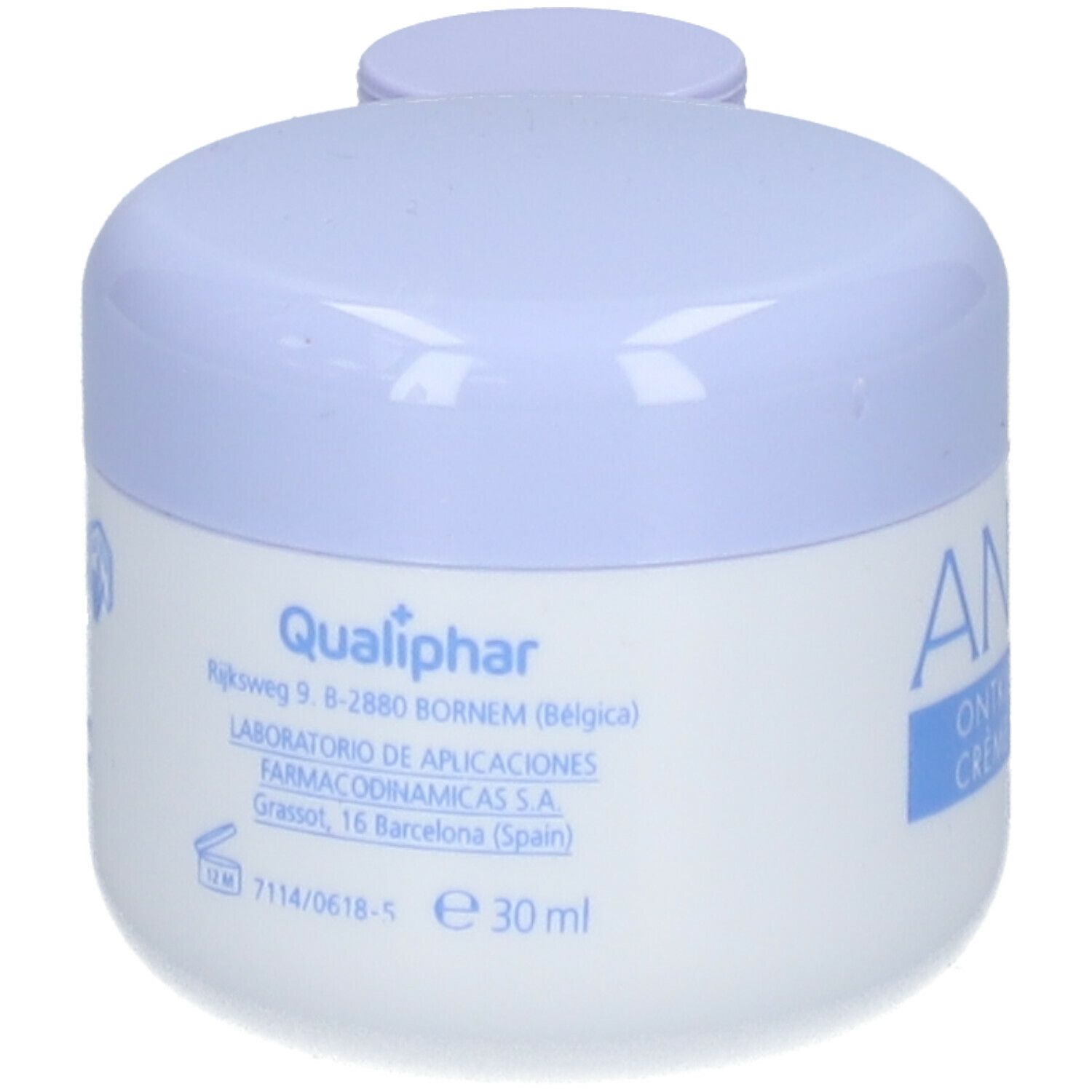 Récipient rond avec couvercle bleu. Inscription: Qualiphar, 30 ml.
