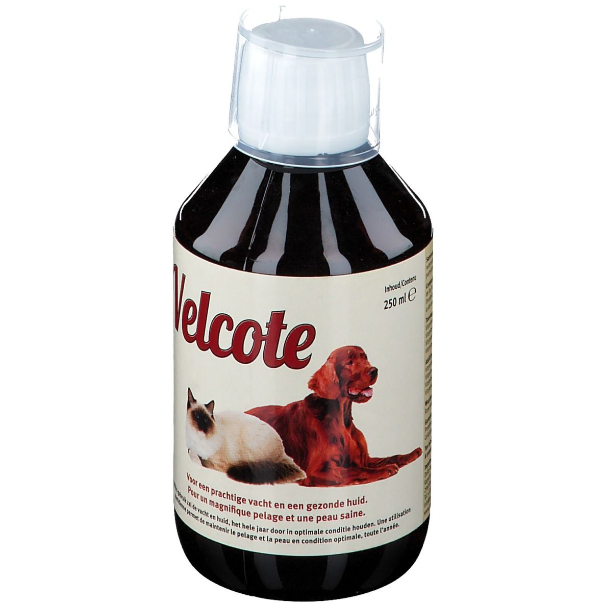 Flacon de Velcote. Étiquette avec chat et chien. Texte: Velcote, 250 ml. Pour un pelage brillant et une peau saine.