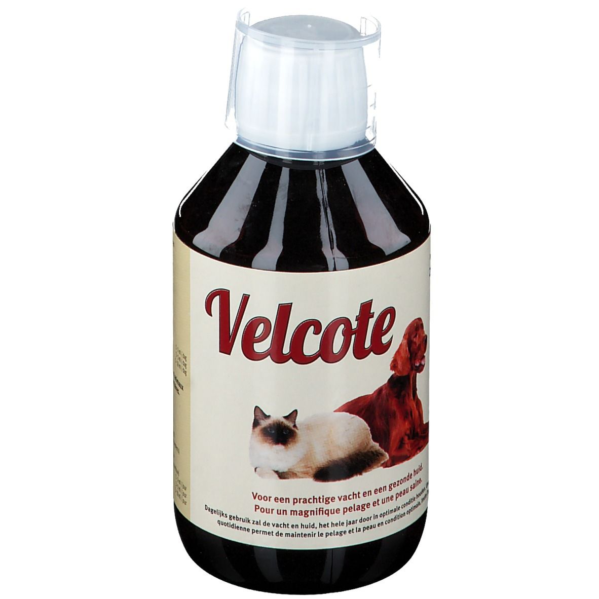 Flacon de Velcote. Étiquette avec chat et chien. Texte: Velcote. Pour un pelage brillant et une peau saine.