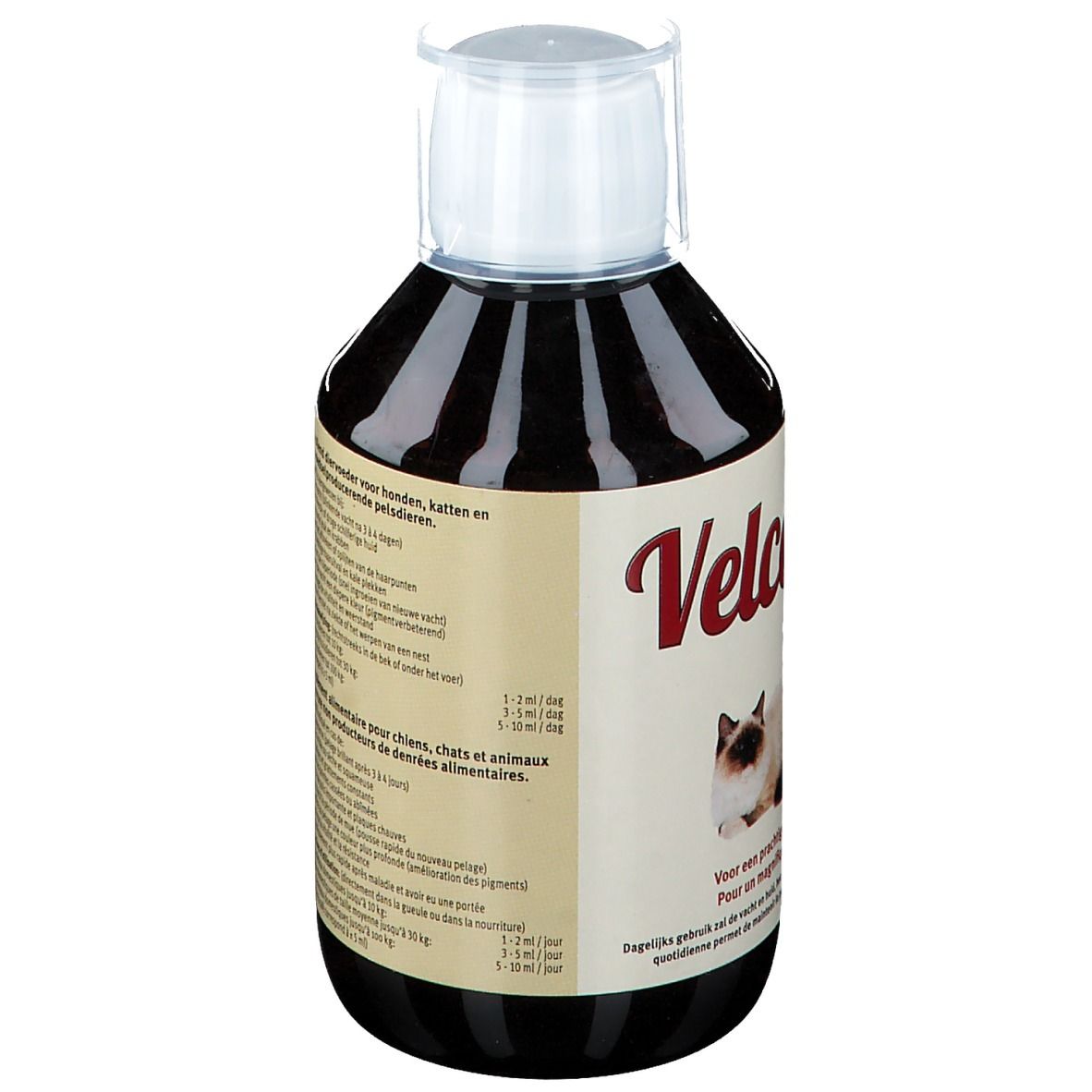 Dosage du flacon de Velcote pour chiens, chats. Texte en plusieurs langues.