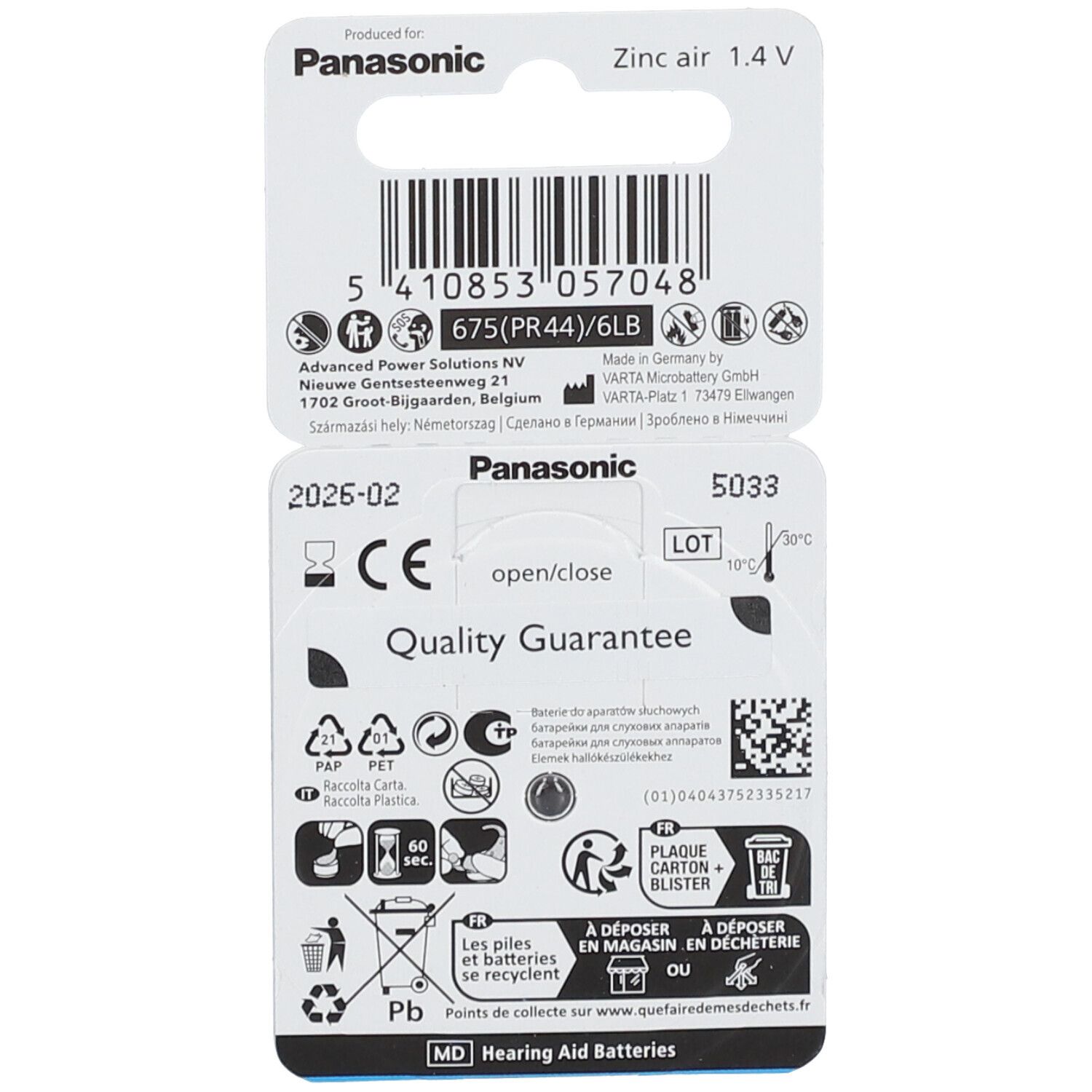 Dos du blister avec informations. Marque Panasonic, type 675 (PR44).