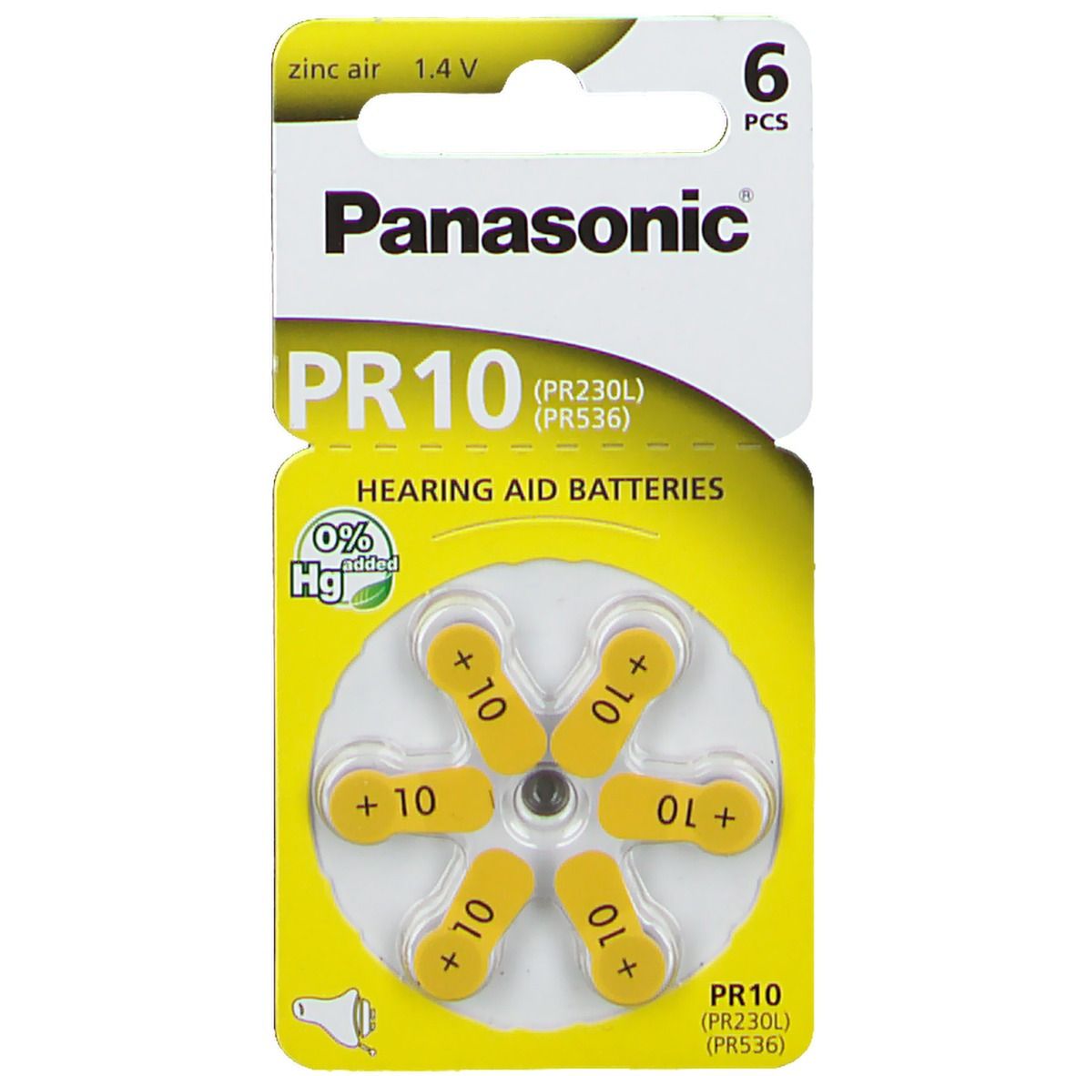 Blister jaune de six piles auditives Panasonic PR10. Sans mercure.