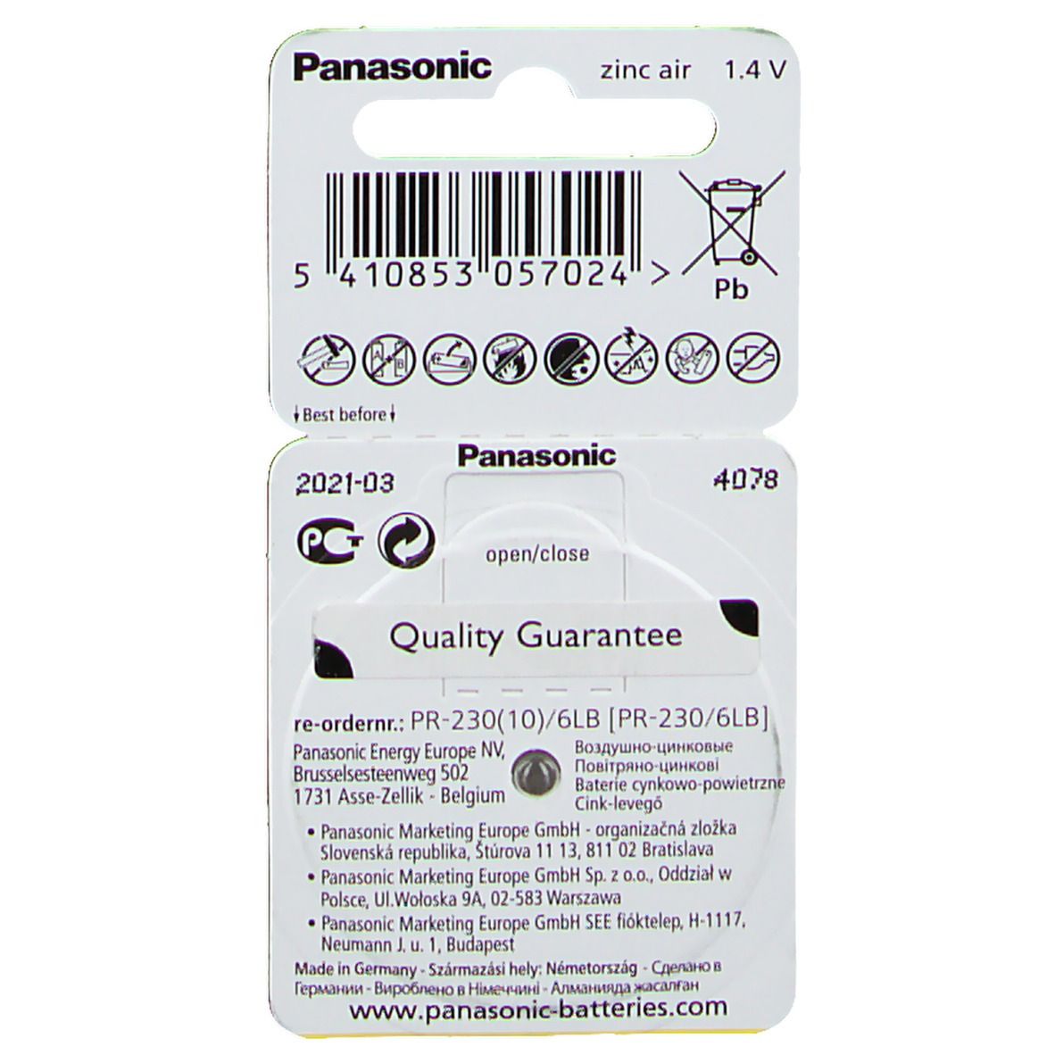 Dos de l'emballage des piles auditives Panasonic PR10. Informations, code-barres, symboles de recyclage, garantie qualité.