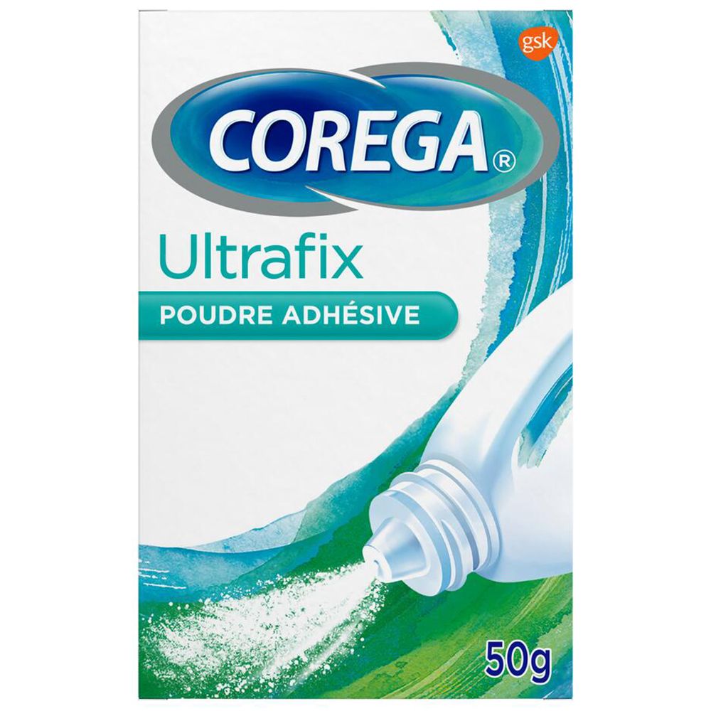 Witte doos Corega Ultrafix Poudre Adhésive. Blauwe en groene golven. 50g-aanduiding. GSK-logo.