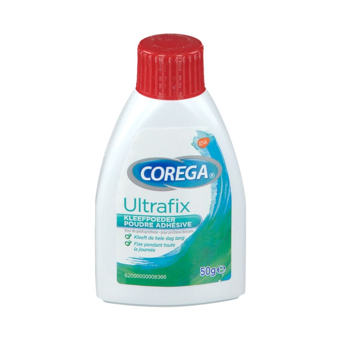 Flacone bianco, tappo rosso. Corega Ultrafix. 50g. Polvere adesiva per protesi dentarie.