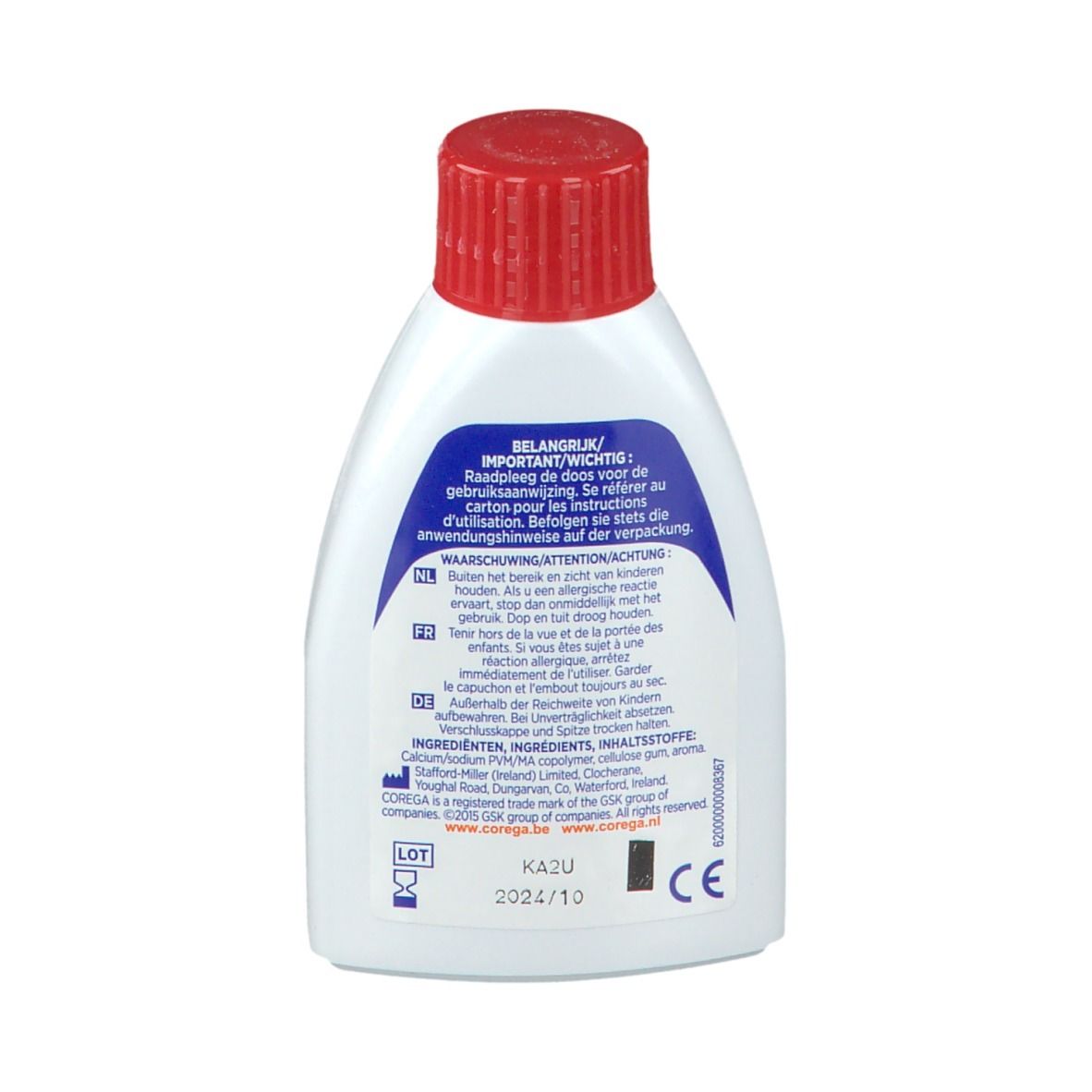 Retro del flacone bianco. Testo multilingue. Ingredienti e avvertenze.