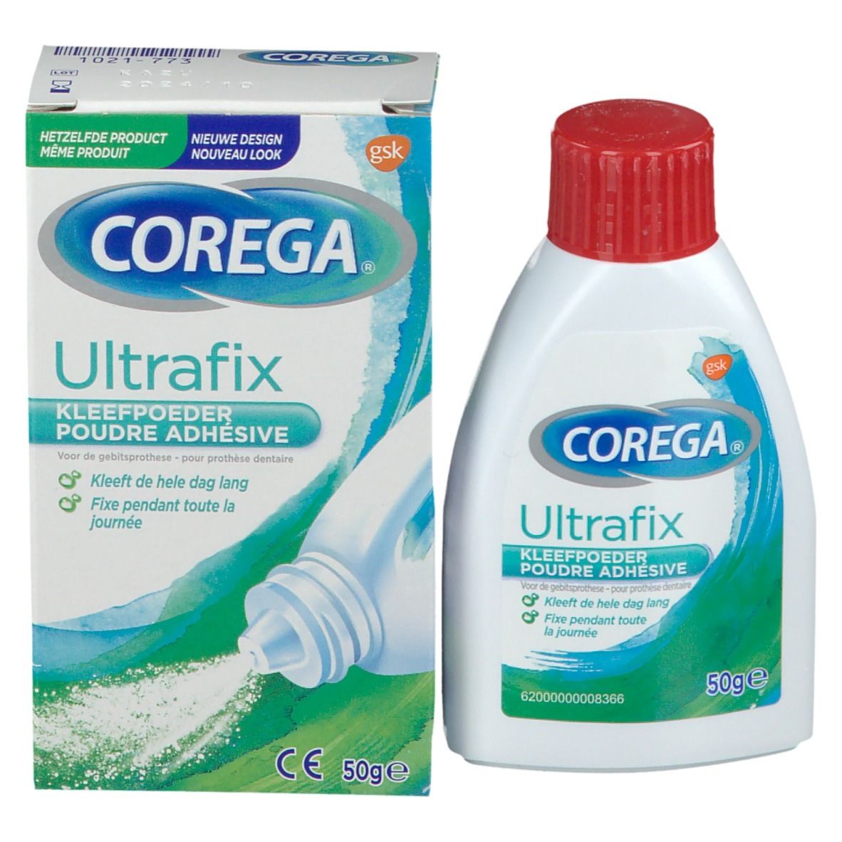 Corega Ultrafix e flacone. Scatola e flacone bianchi. Polvere adesiva per protesi. 50g.