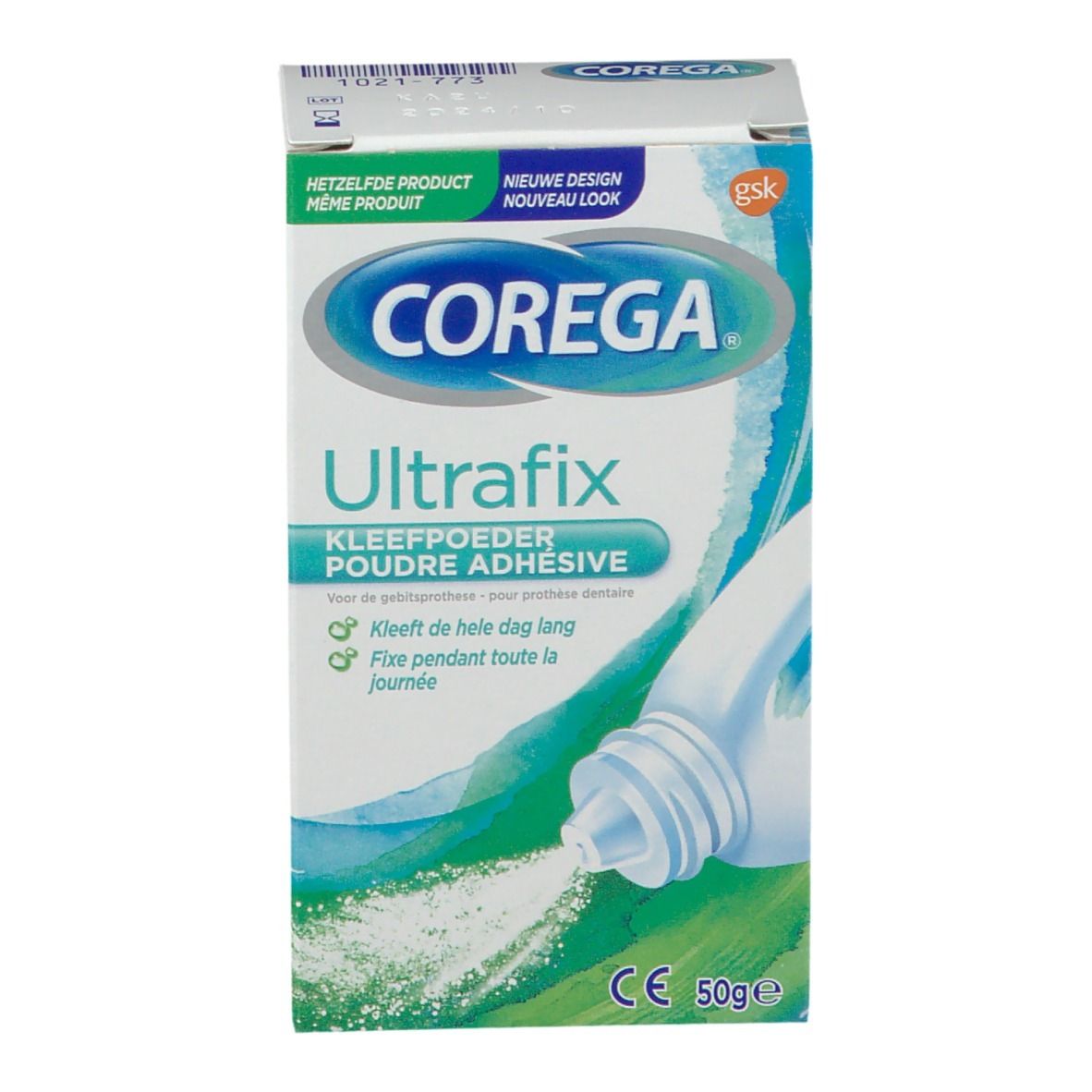 Scatola bianca Corega Ultrafix. Polvere adesiva per protesi. 50g. Nuovo design.