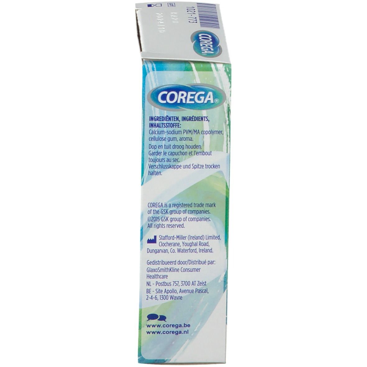 Vista laterale della scatola. Logo Corega. Ingredienti e informazioni. Testo multilingue.