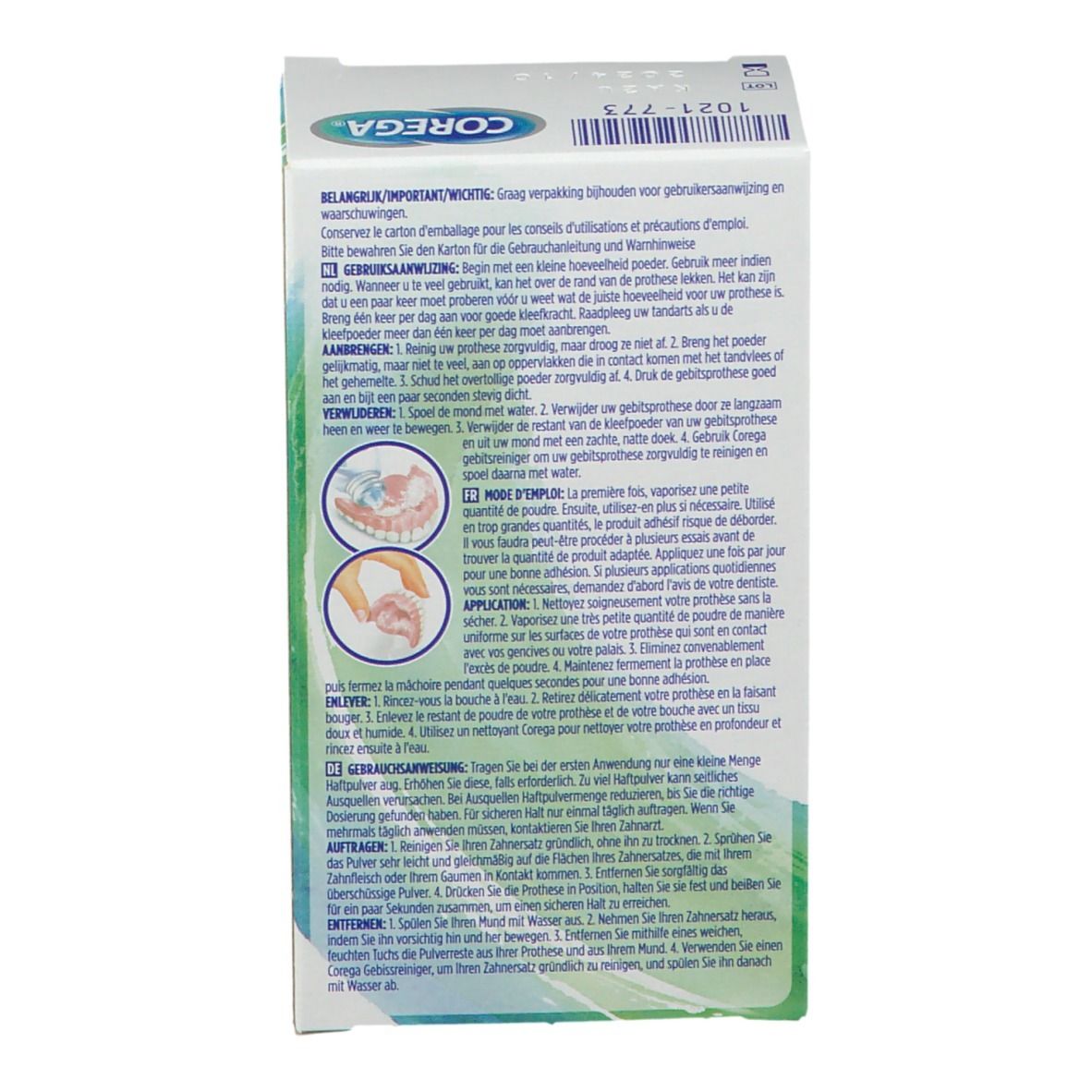 Retro della scatola. Avvertenze e istruzioni per l'uso. Testo multilingue.