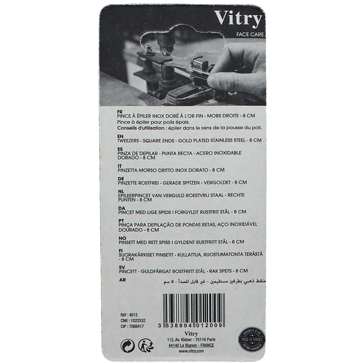 Dos de la carte blister. Texte multilingue. Marque Vitry, Face Care. Code-barres et garantie.