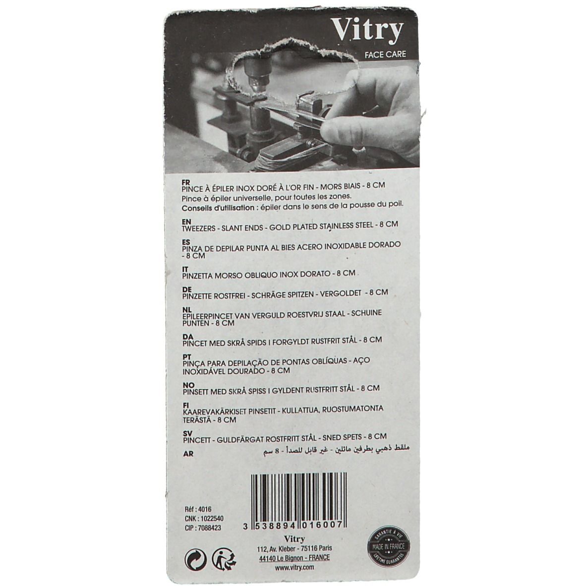 Dos de l'emballage avec informations produit et marque Vitry. Textes multilingues, code-barres et logo.