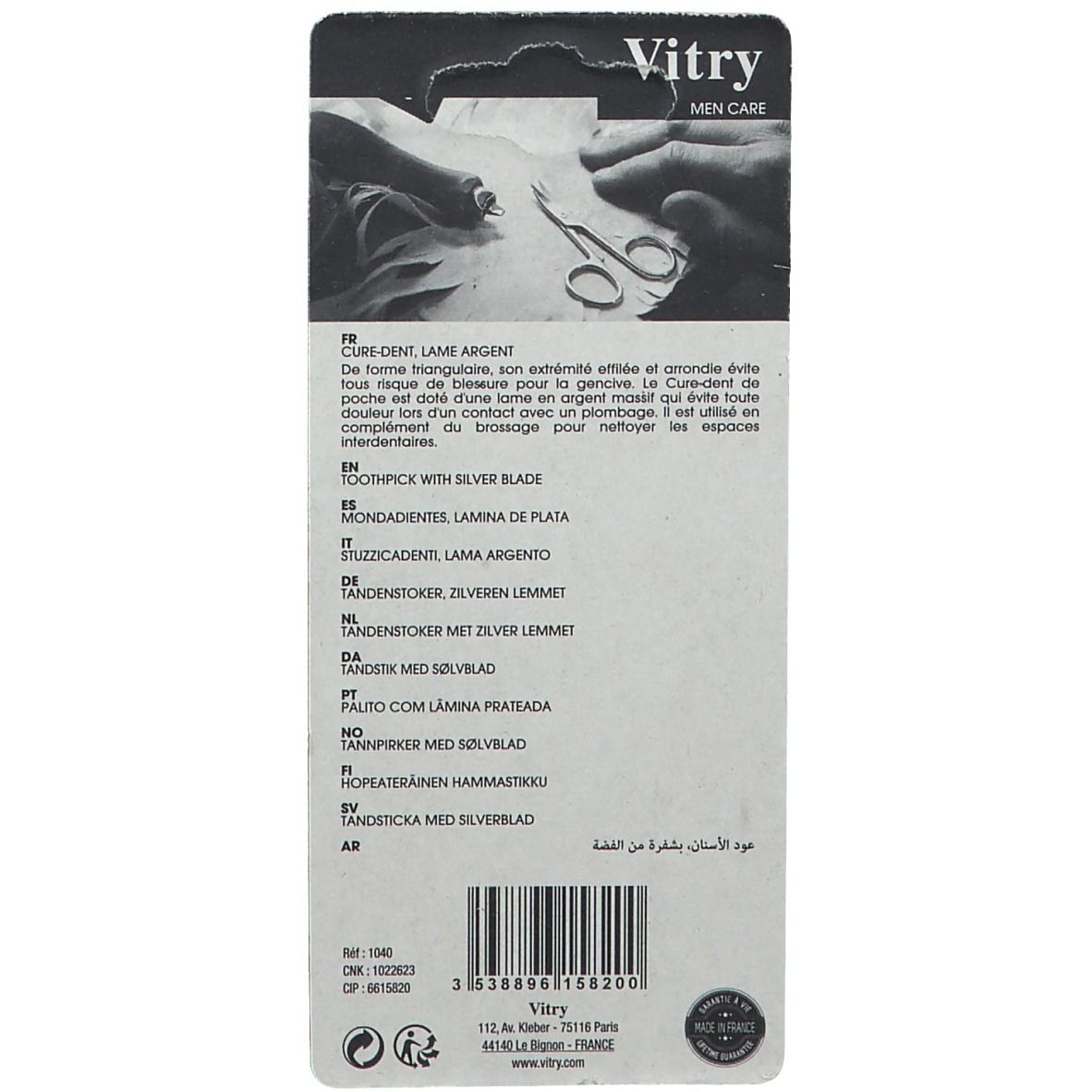 Rückseite der Blisterverpackung mit Produktinformationen. Marke Vitry. Texte in mehreren Sprachen.